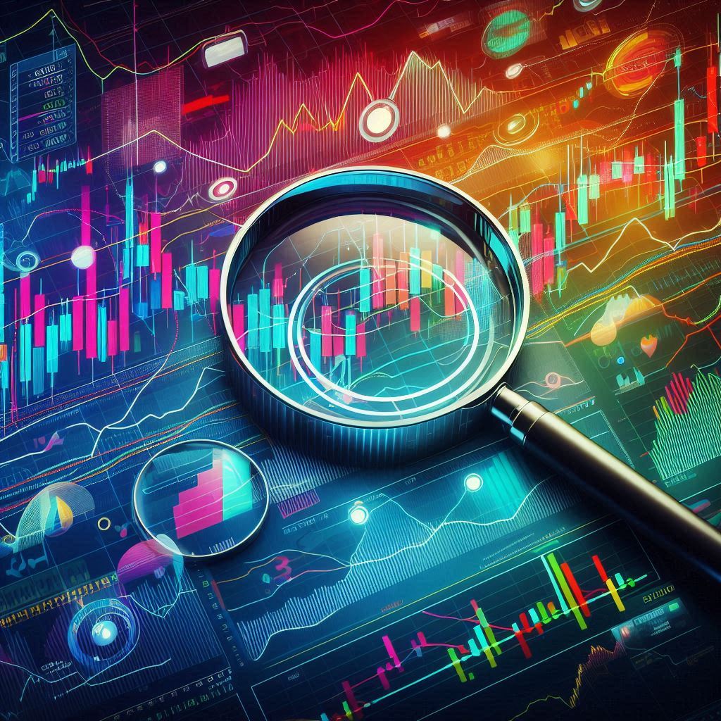 candlestick charts viewed with magnifying glass