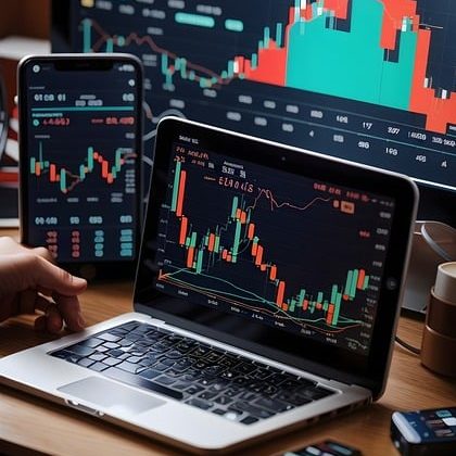 candlestick charts on mobile phone, laptop and monitor
