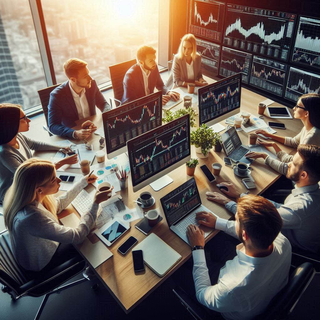 traders sitting around conference room table looking at candlestick charts