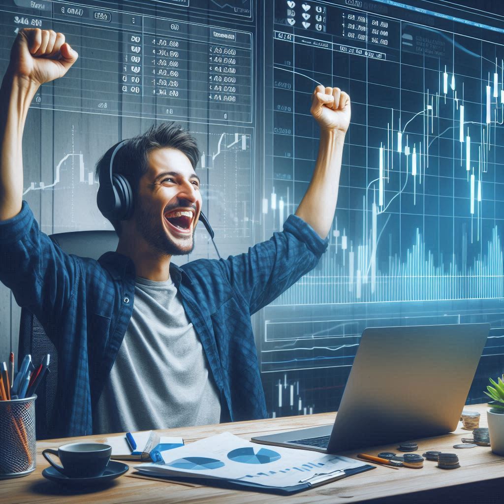 man with fists in air with jo and candlestick charts in background